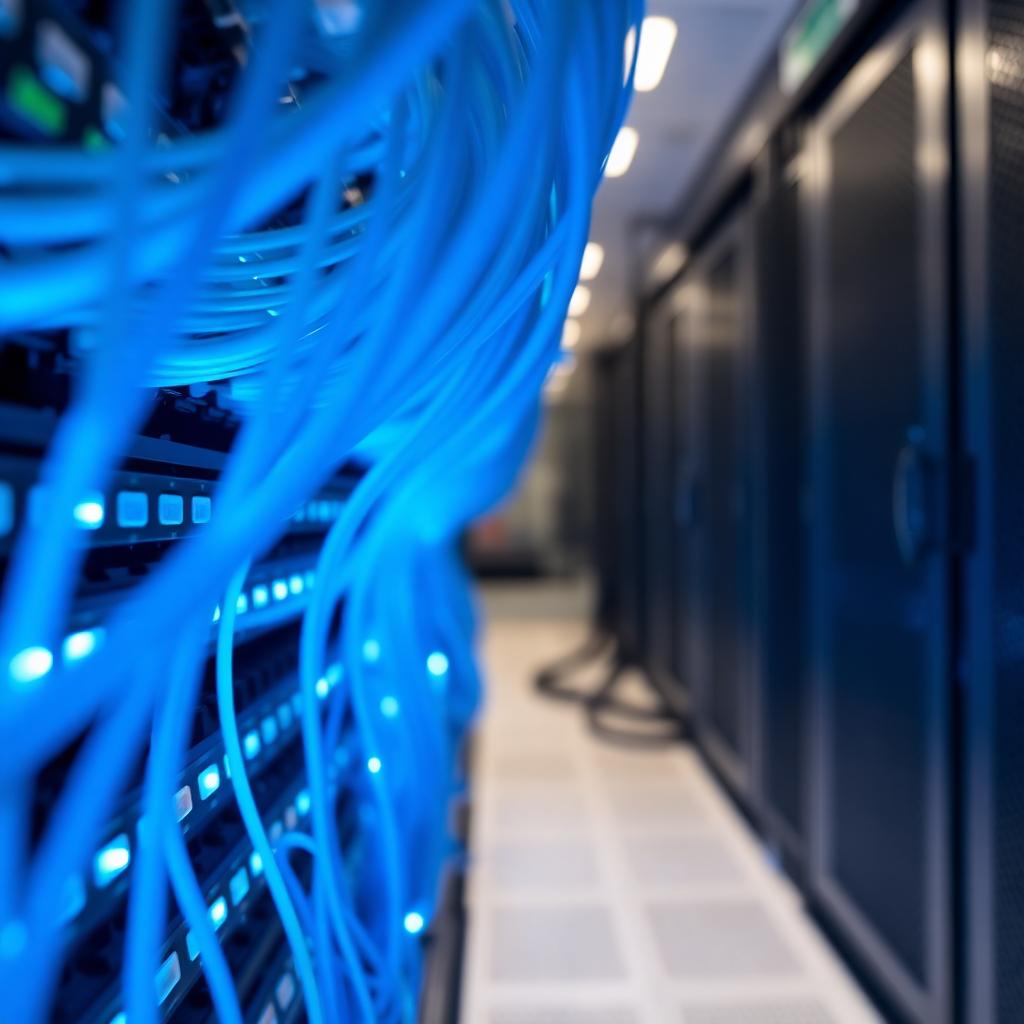 Blue fiber optic cables terminated into a commercial network patch panel