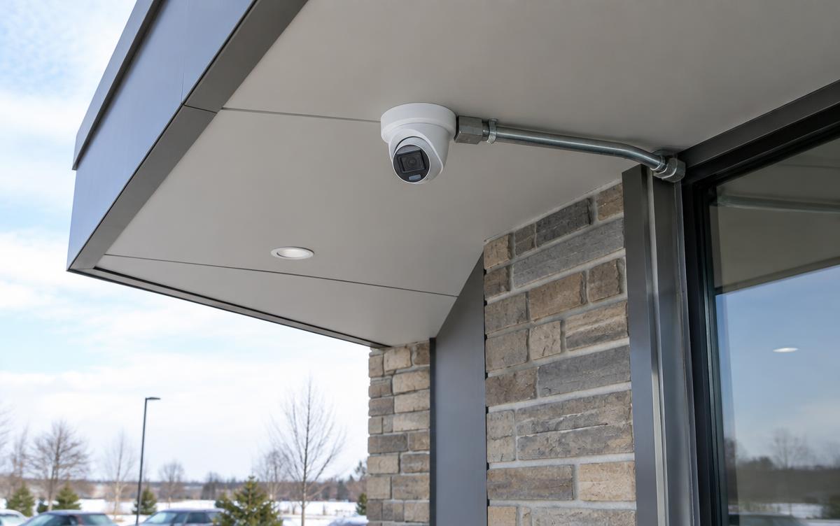 Commercial security camera mounted on a building exterior