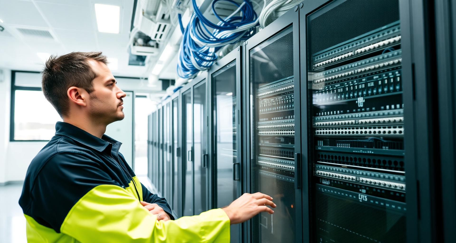 Magnuson Low Voltage Wiring technician installing structured network cabling and patch panels in a commercial data closet